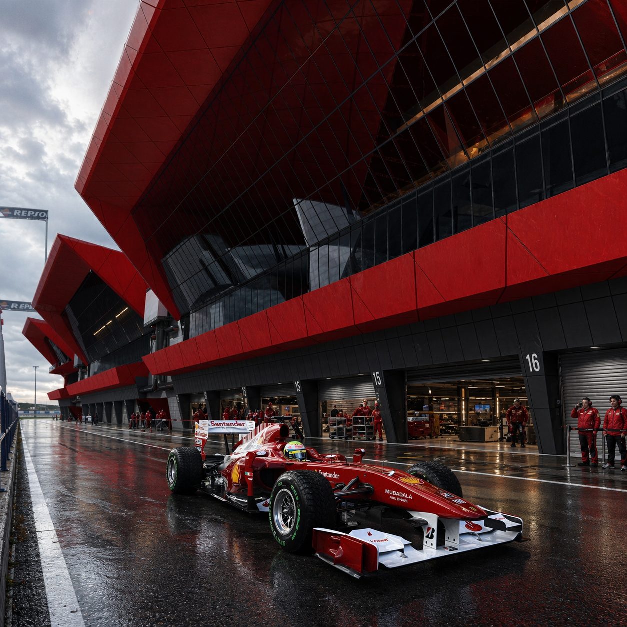 Дипломен проект — детайл на пит-билдинга с F1 кола на пит алеята